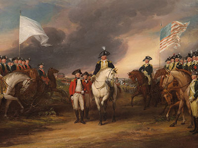 An 18th-century painting depicting a military surrender scene. Officers in uniform stand solemnly with flags against a dramatic sky. A white flag of surrender is held on the left, while an American flag is on the right. Several horses are present.